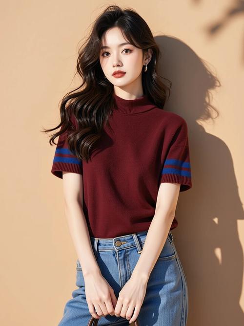 红色针织短袖怎么搭配图片
