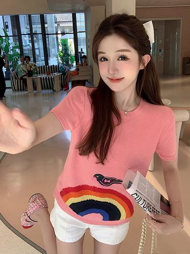 粉色短袖针织衫怎么搭配图片