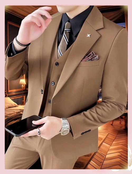 男生休闲棕色西服怎么搭配图片