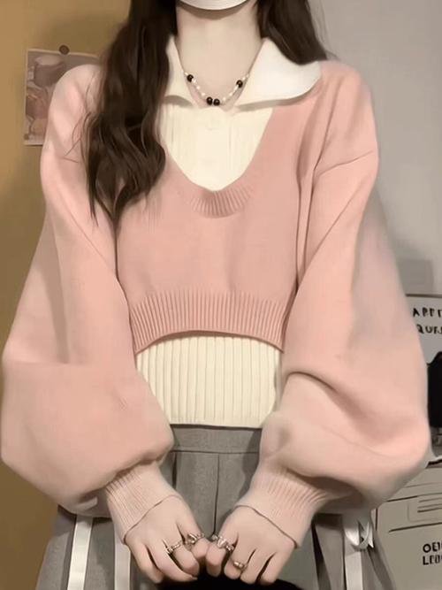 粉色短款针织毛衣怎么搭配图片欣赏