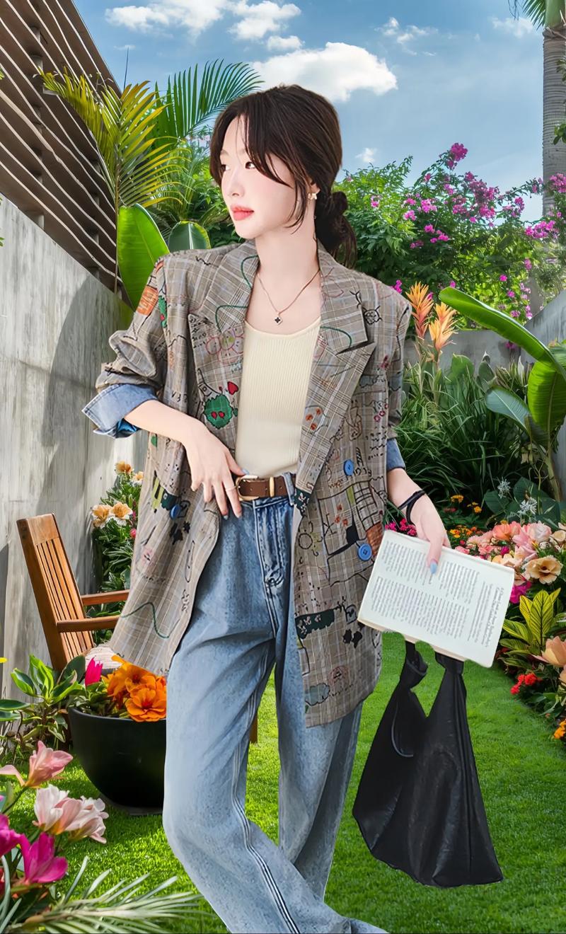 女士格子小西服怎么搭配