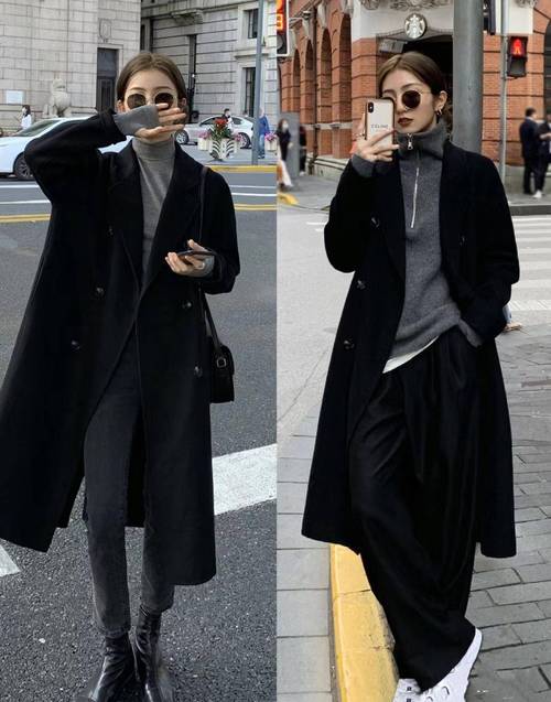 黑色中款毛呢外套怎么搭配什么裤子好看