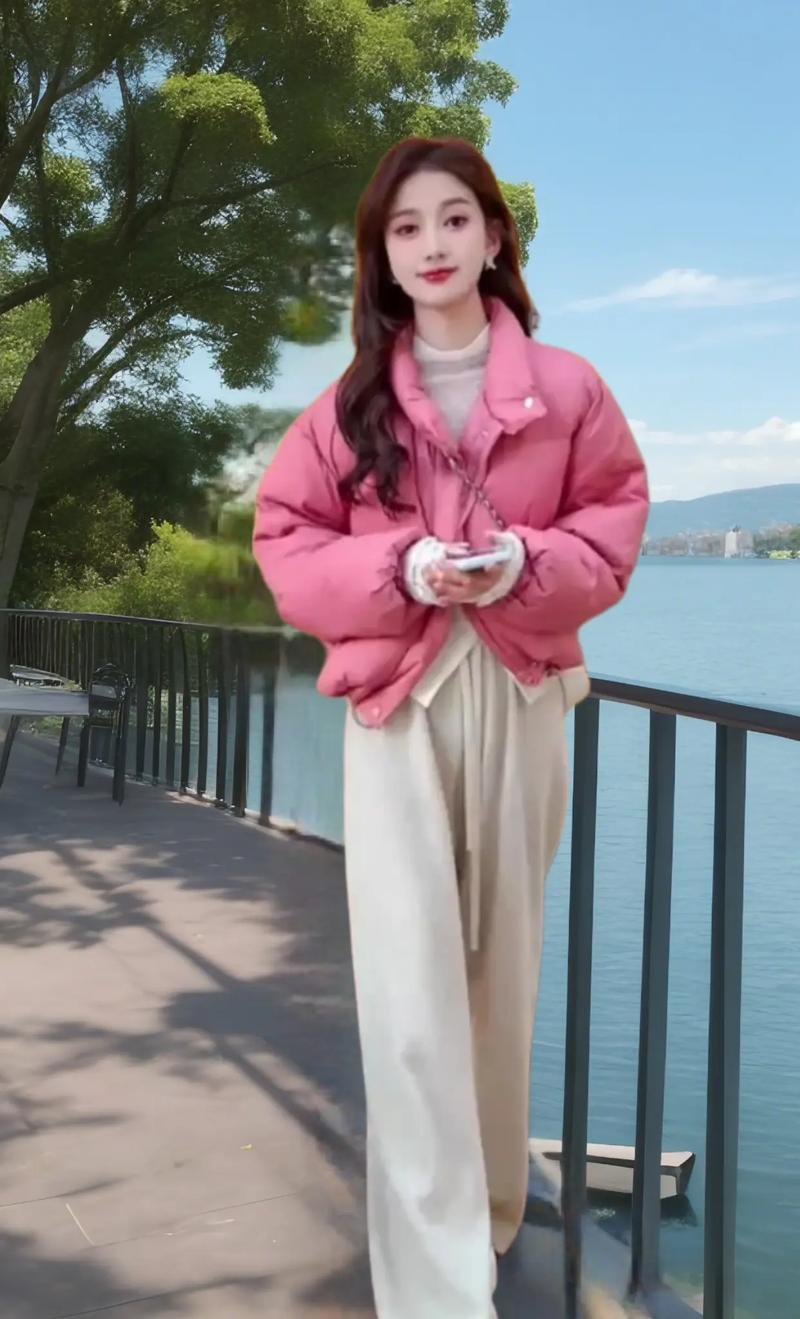 粉色短款亮皮羽绒服怎么搭配