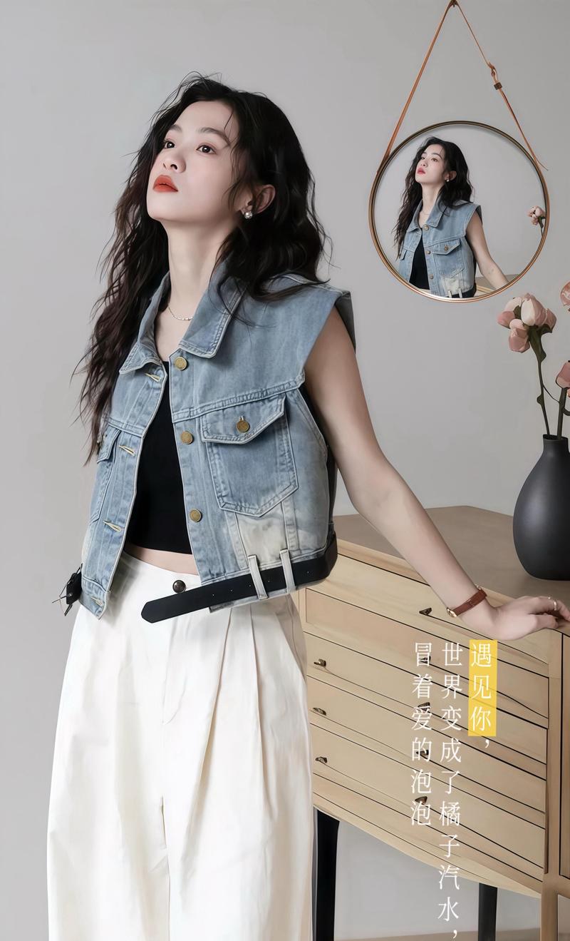 短袖牛仔衣马甲怎么搭配图片