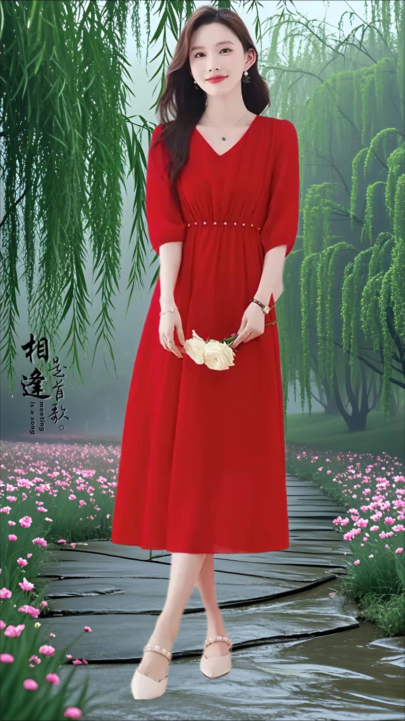 红色长 长款连衣裙怎么搭配图片欣赏