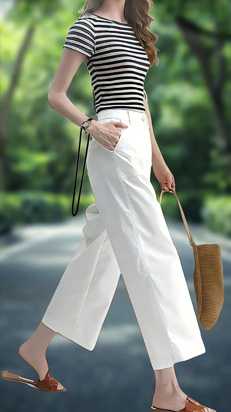 白色的阔腿裤怎么搭配上衣图片