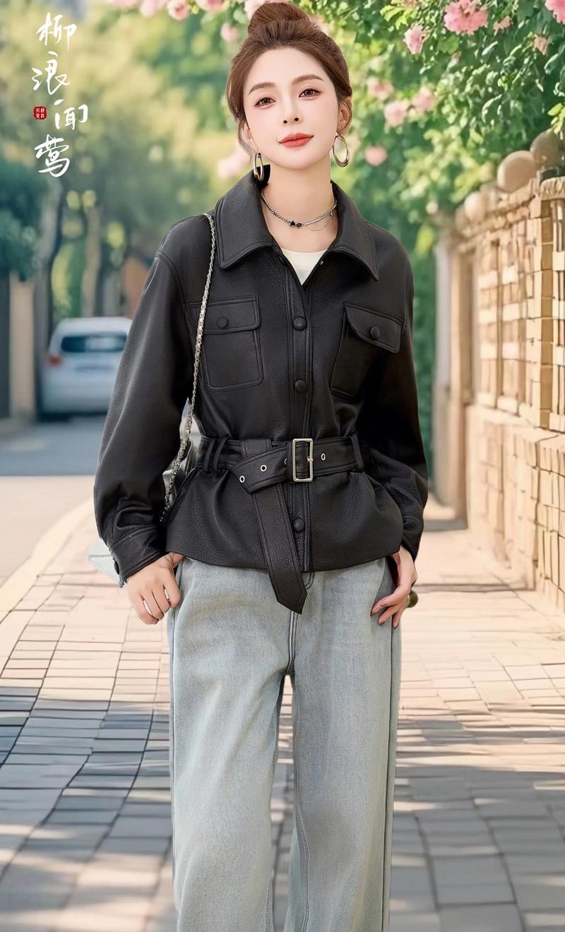 系腰带中长皮衣怎么搭配图片