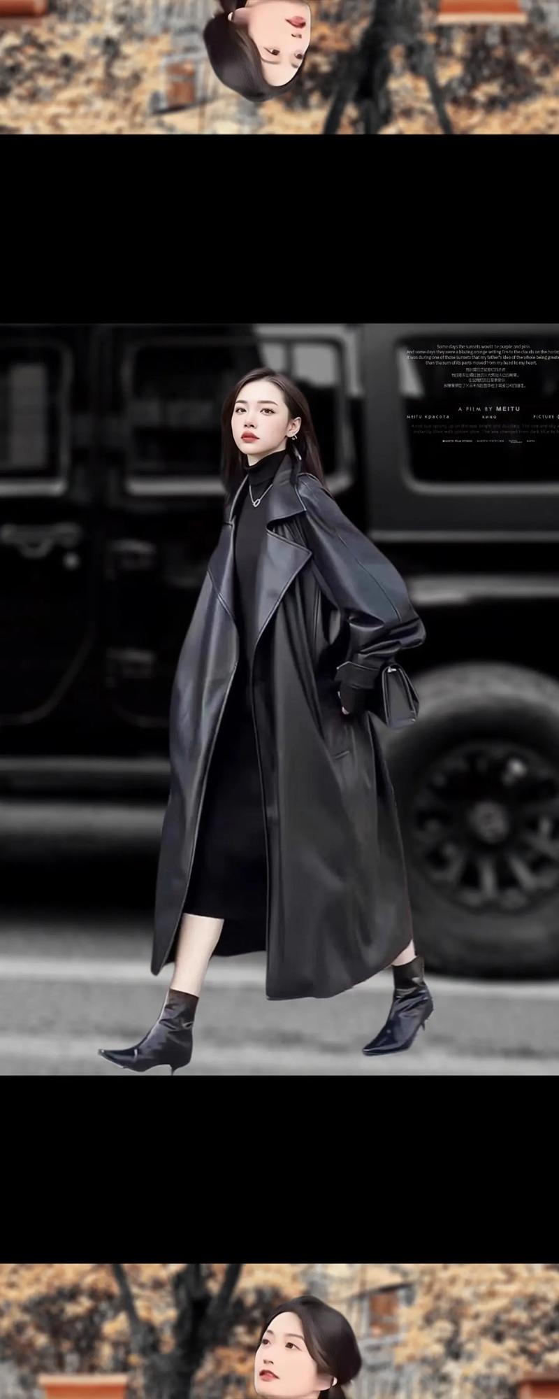 系腰带中长皮衣怎么搭配图片