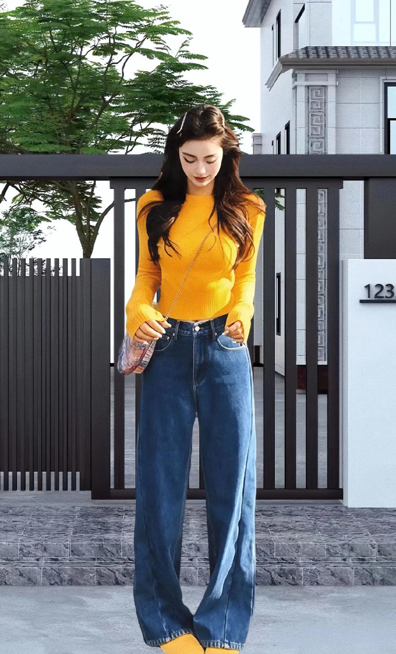 长款圆领套头黄毛衣怎么搭配什么裤子