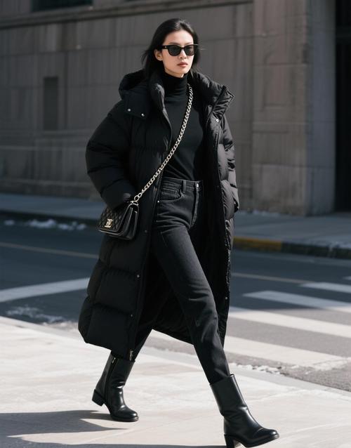 黑中长款羽绒服怎么搭配什么裤子好看图片