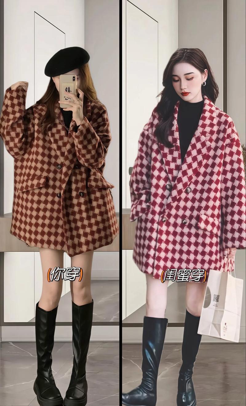 酒红色格子羊毛过膝大衣怎么搭配