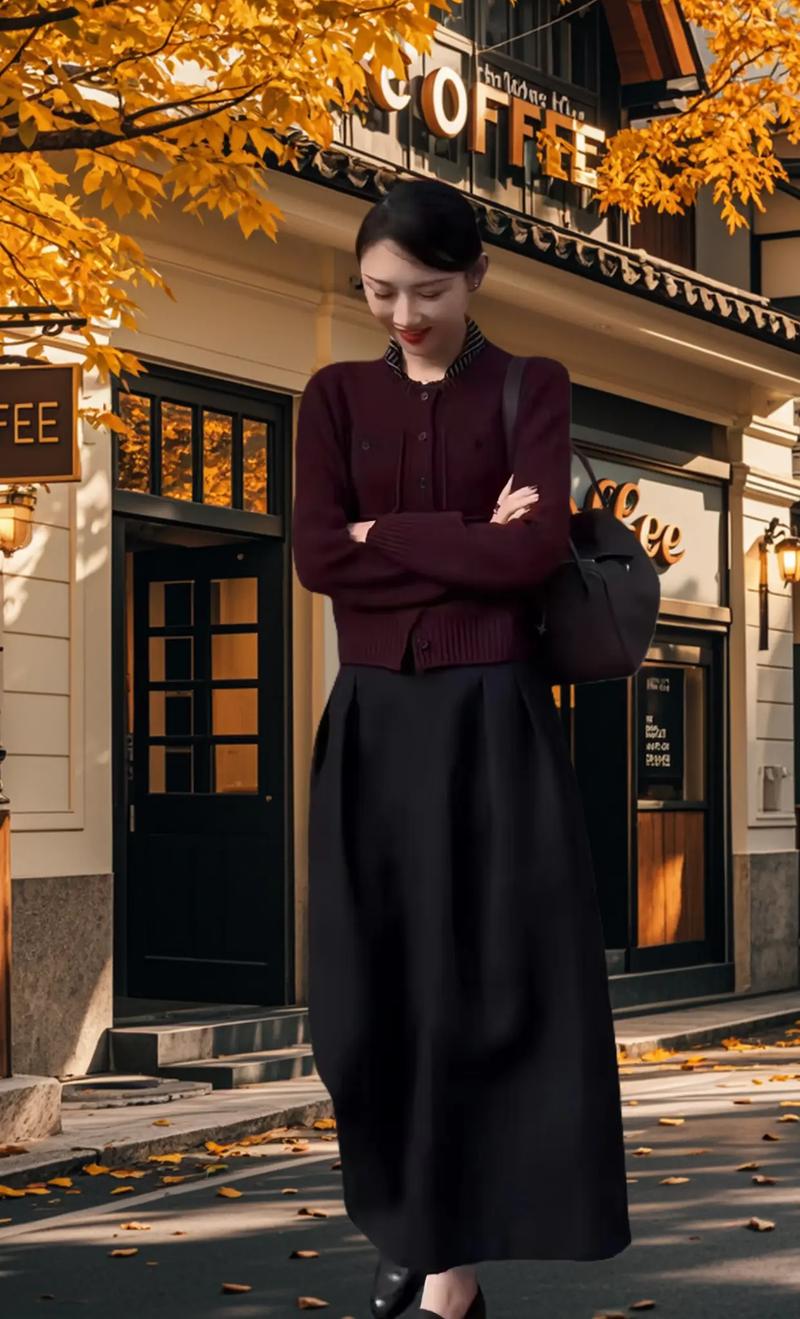 酒红色针织开衫怎么搭配