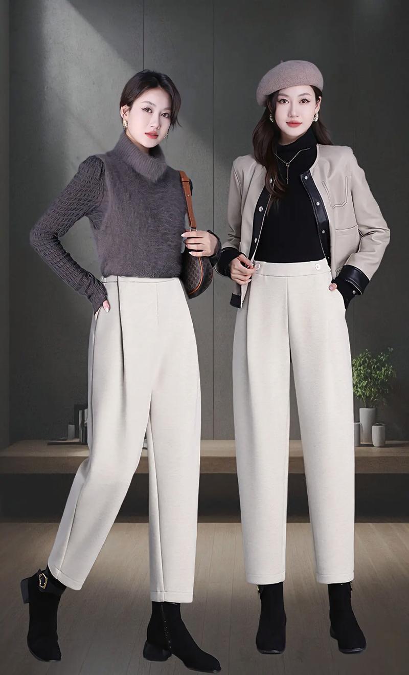 毛昵哈伦裤怎么搭配上衣