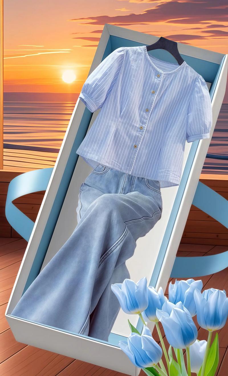 蓝色竖条纹短袖怎么搭配