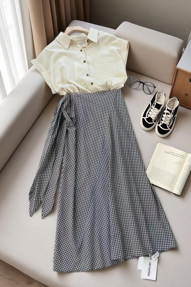 白色格子裙怎么搭配上衣