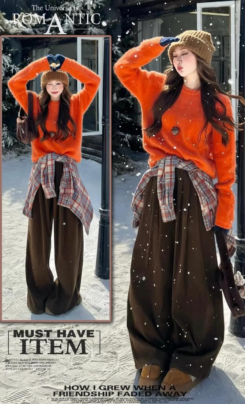 橘色针织上衣怎么搭配