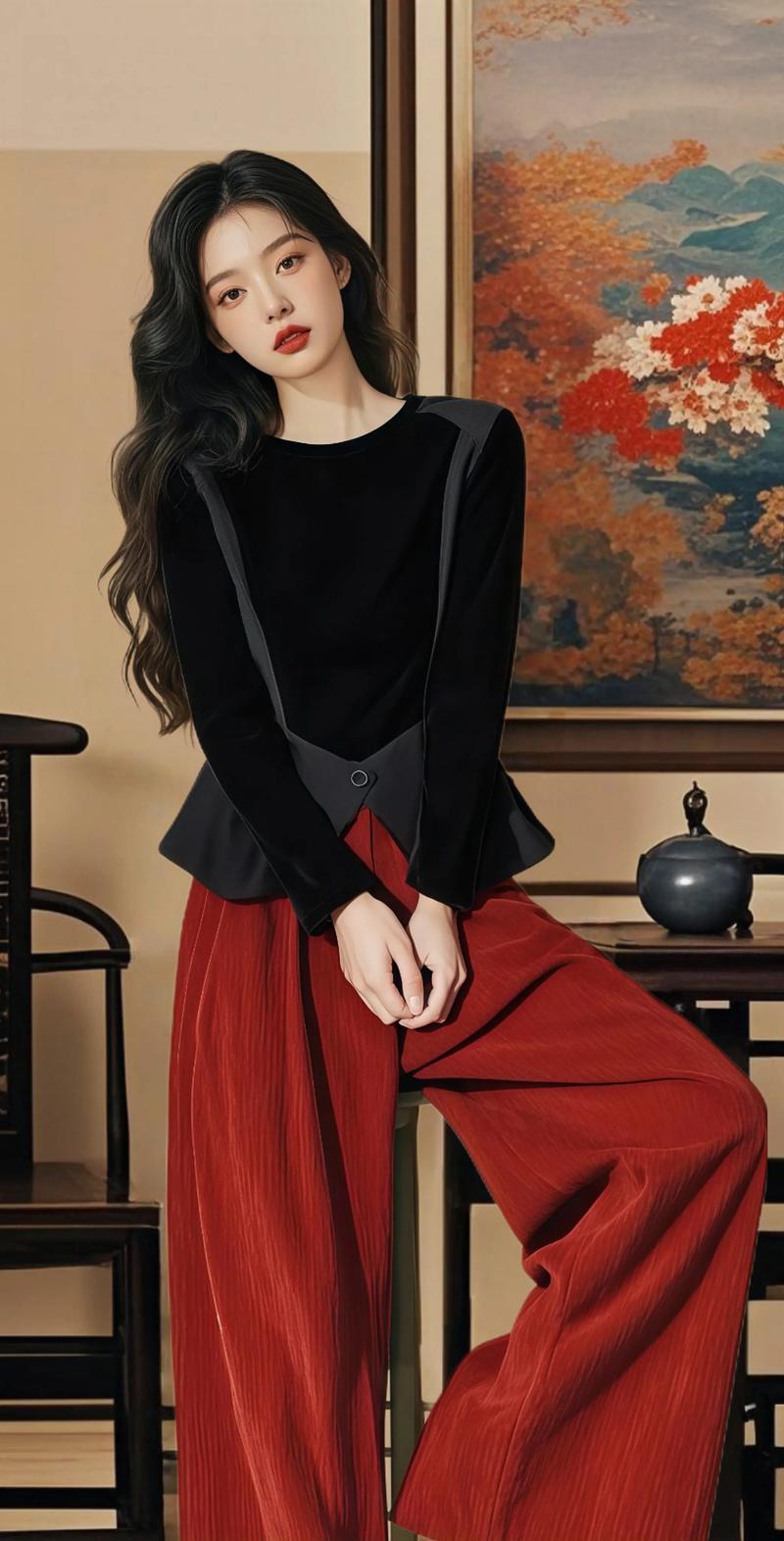 红色阔腿裤配什么上衣