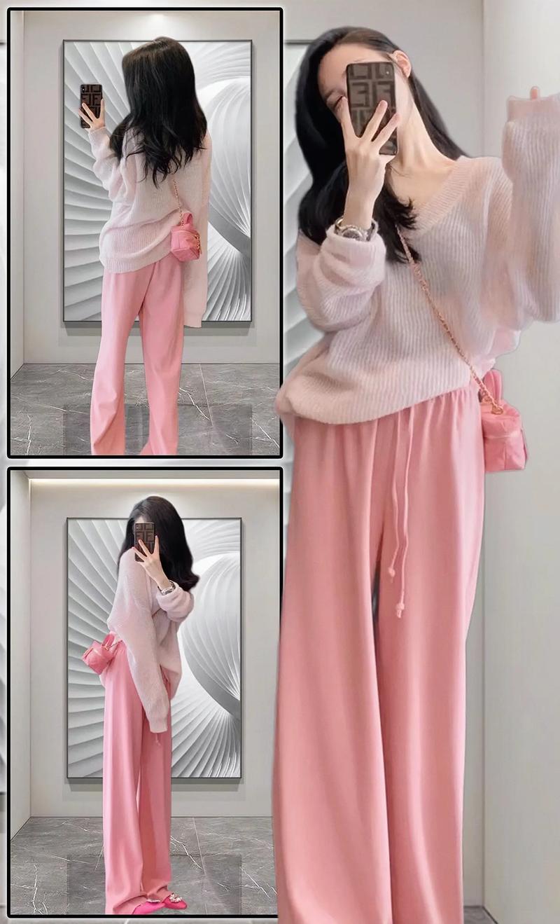 粉色阔型毛衣怎么搭配图片
