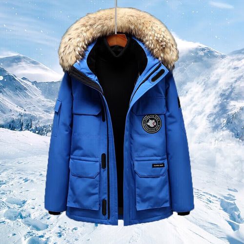 男士蓝色中长款羽绒服怎么搭配图片