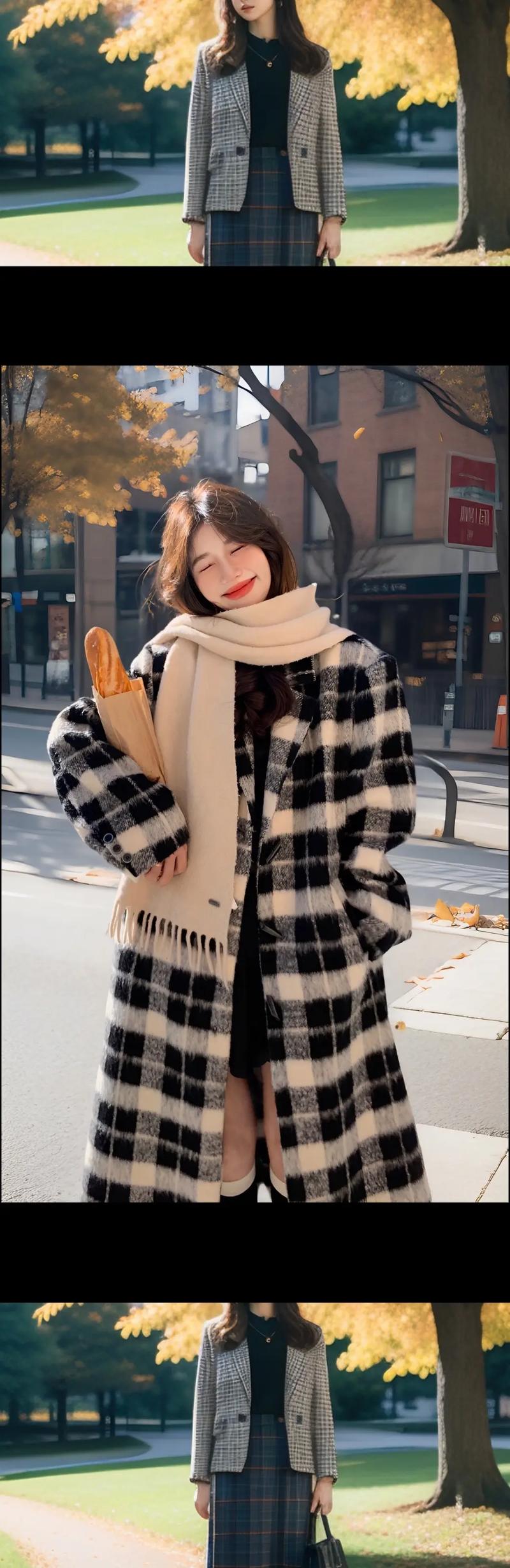 女士穿的格子风衣长款外套怎么搭配什么裤子