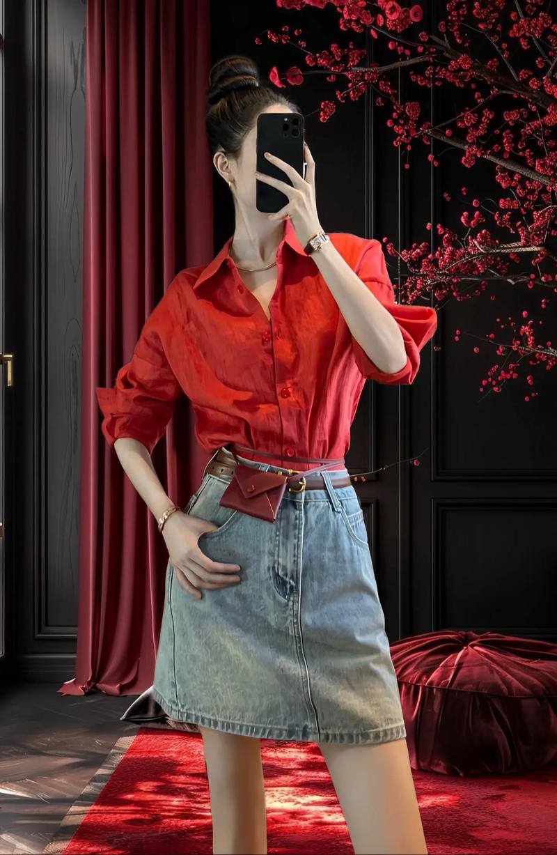 女生红色长袖衬衫怎么搭配什么裤子图片欣赏