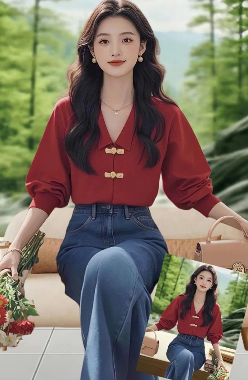 女生红色长袖衬衫怎么搭配什么裤子