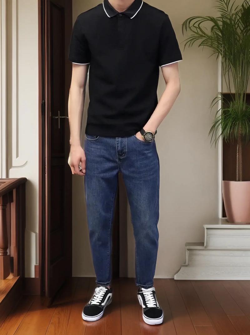 男士小脚哈伦牛仔裤怎么搭配上衣图片