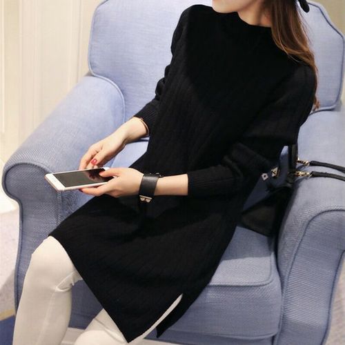 黑色中长款套头毛衣怎么搭配图片大全