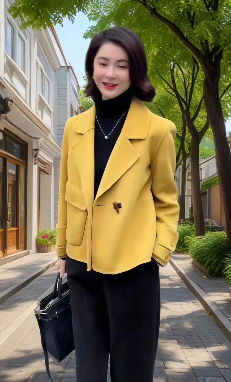 黄色毛昵外套九分袖怎么搭配