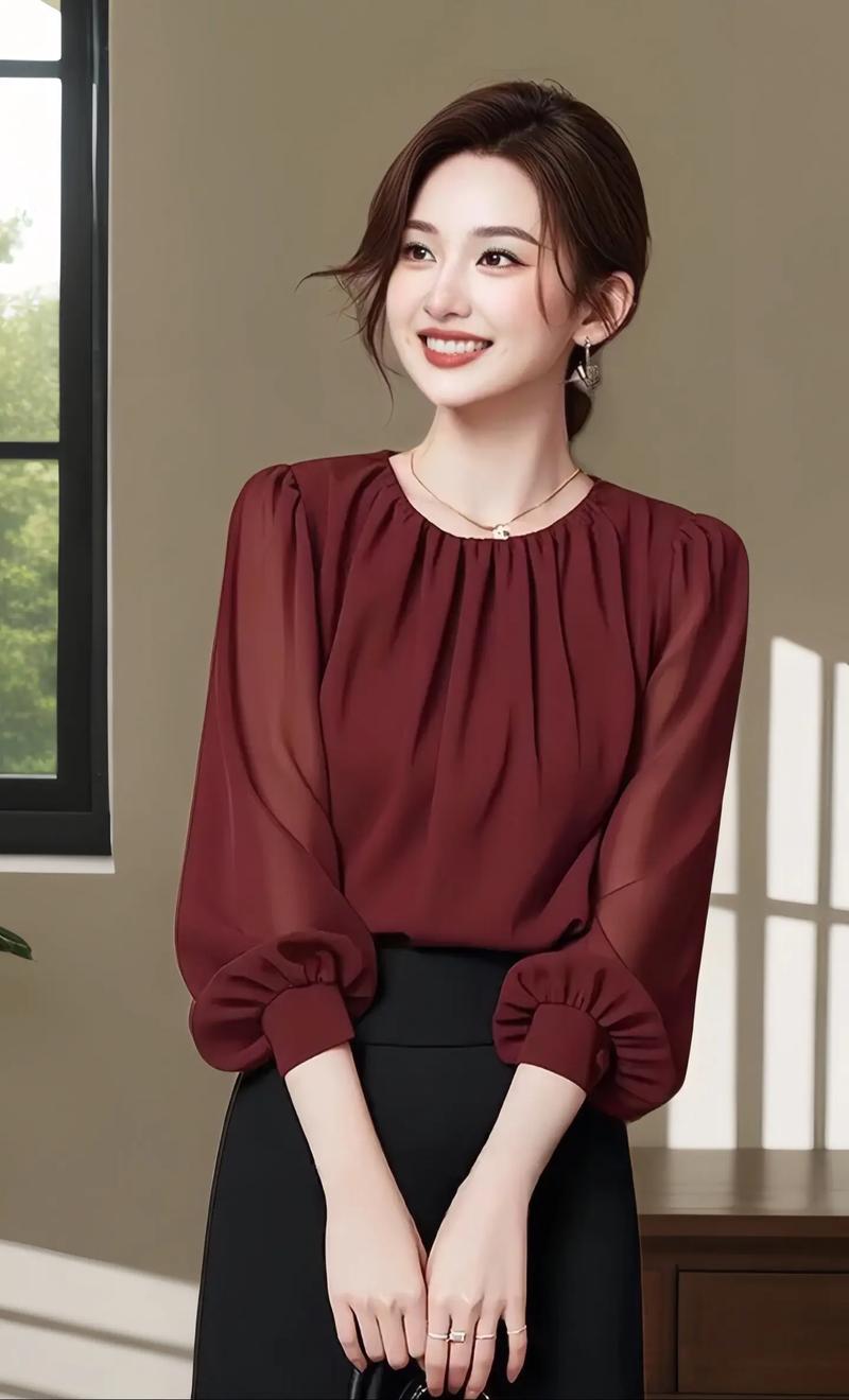 女士酒红色衬衣怎么样搭配