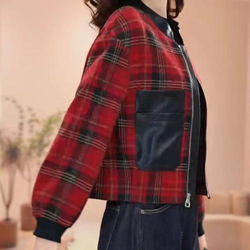 红色格子短款大衣怎么搭配图片