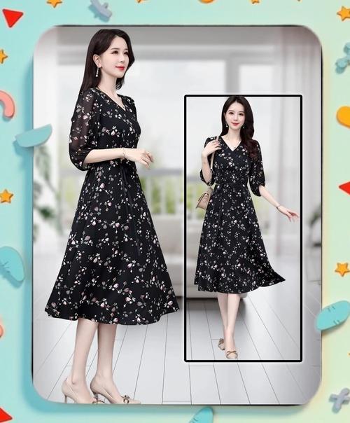 黑底碎花雪纺长袖连衣裙有点短了 怎么搭配