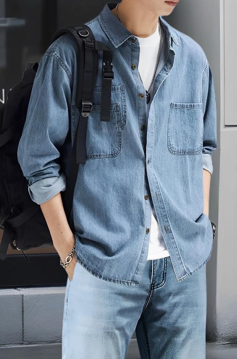 长袖牛仔男衬衫怎么搭配什么裤子图片欣赏