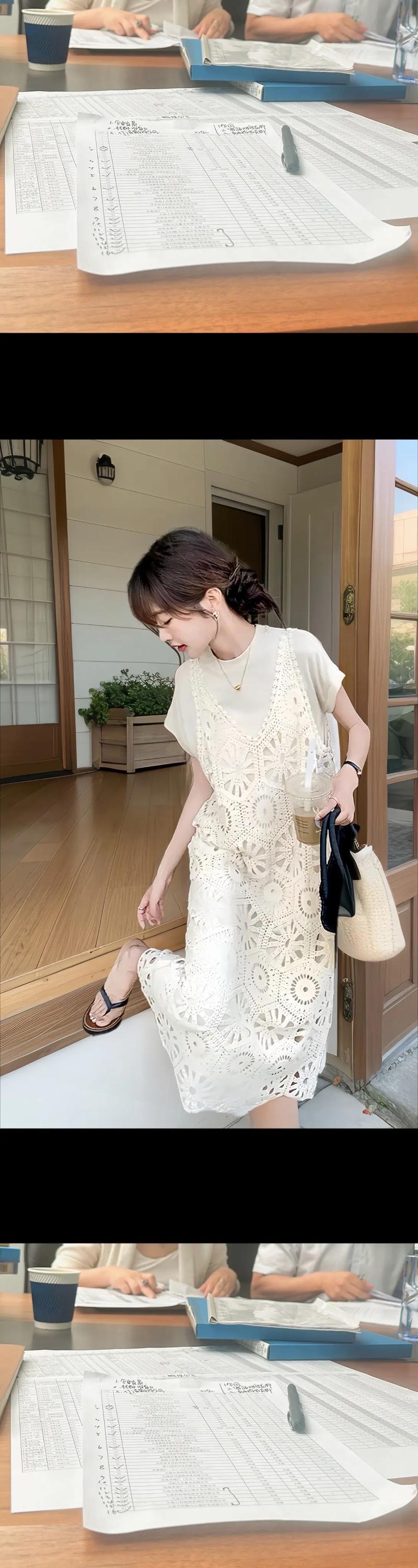 白色无袖蕾丝连衣长裙怎么搭配