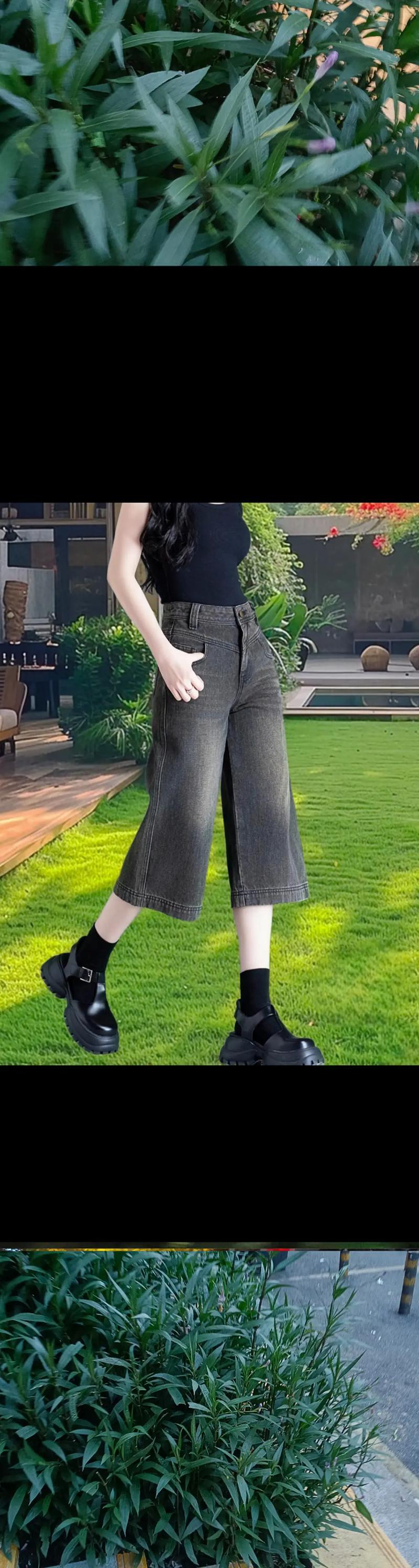 七分阔腿牛仔裤怎么搭配上衣图片欣赏