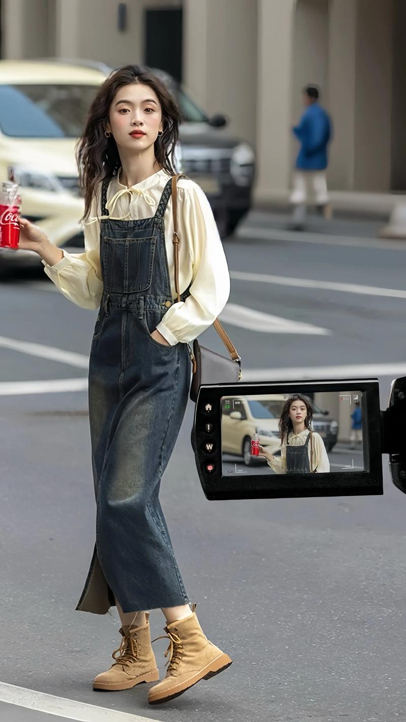 牛仔宽松背带长裙怎么搭配什么外套好看