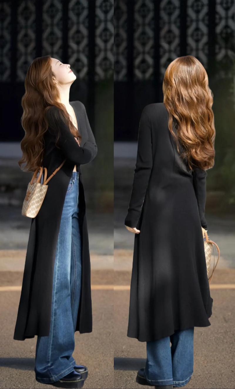 黑色针织长款开衫怎么搭配图片