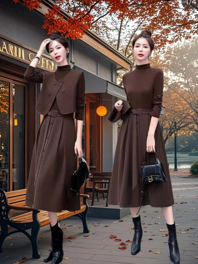 秋冬中长长袖连衣裙怎么搭配