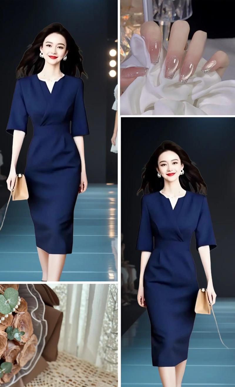 蓝色中袖连衣裙怎么搭配