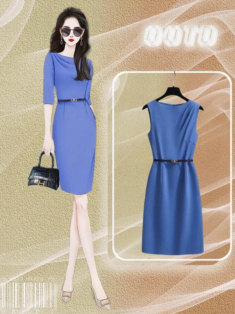 蓝色中袖连衣裙怎么搭配