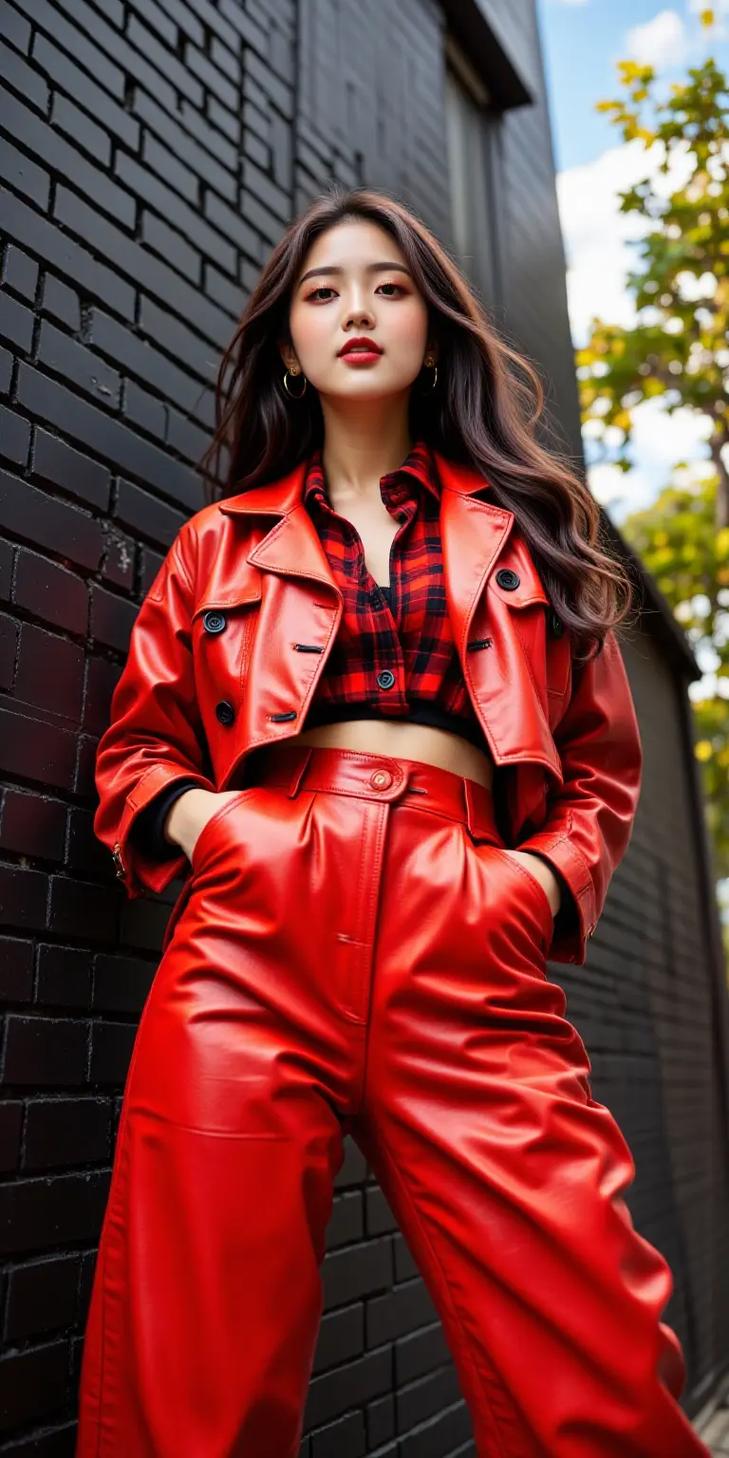 红色短皮裤怎么搭配