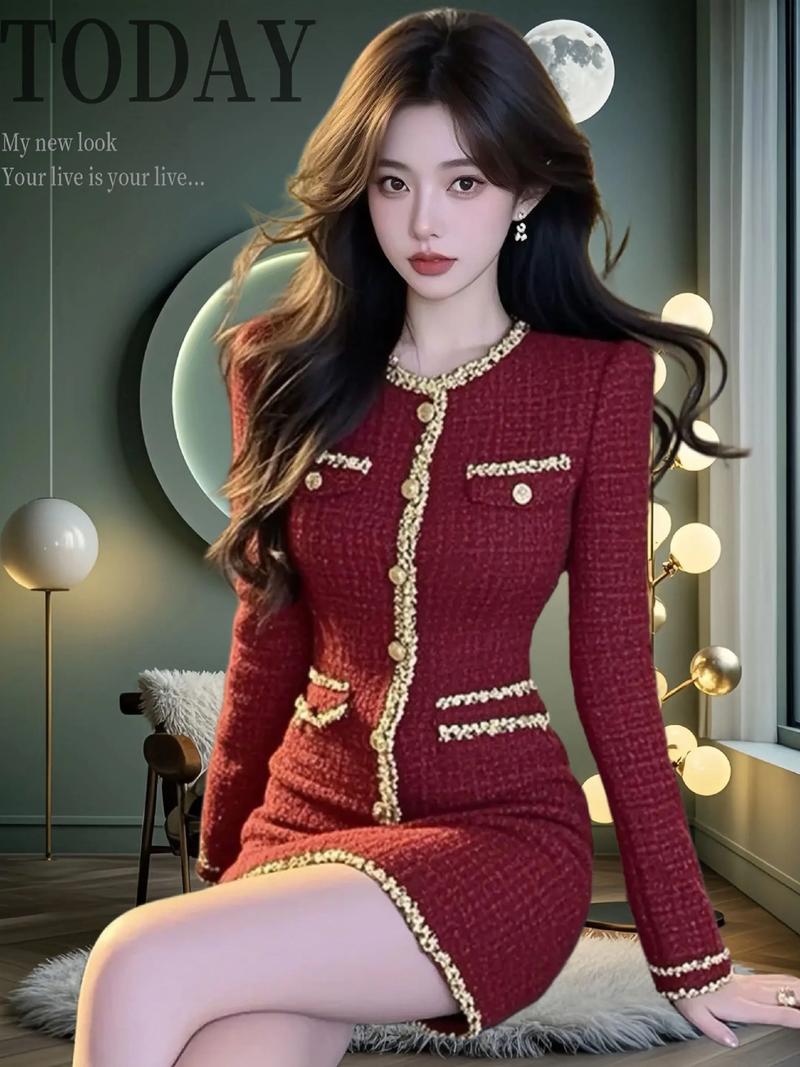 秋季中长袖红色连衣裙怎么搭配什么外套