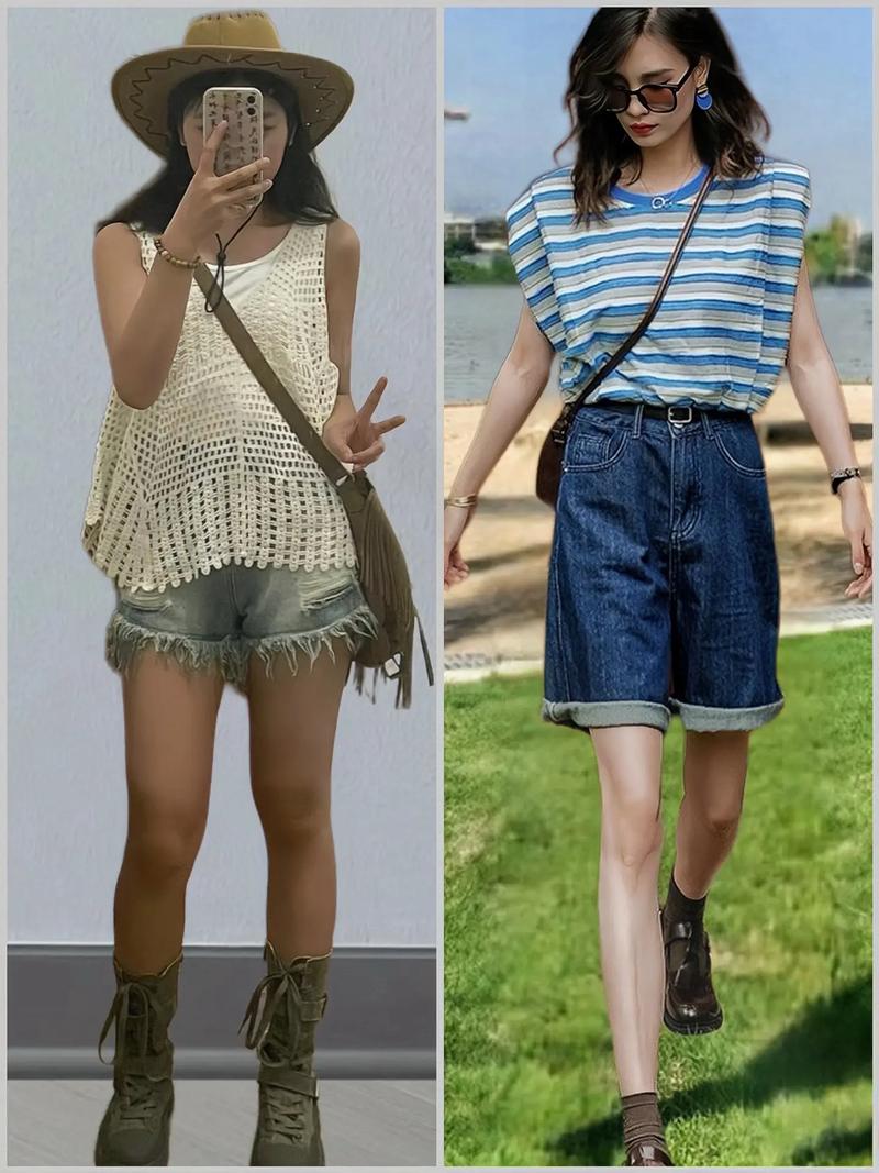 中长牛仔短裤怎么搭配上衣图片欣赏