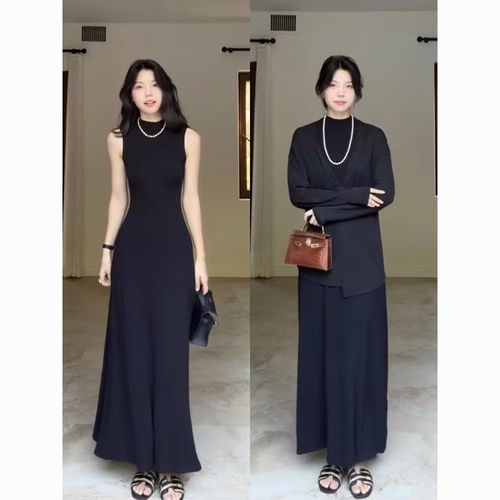 黑色无袖针织连衣长裙怎么搭配