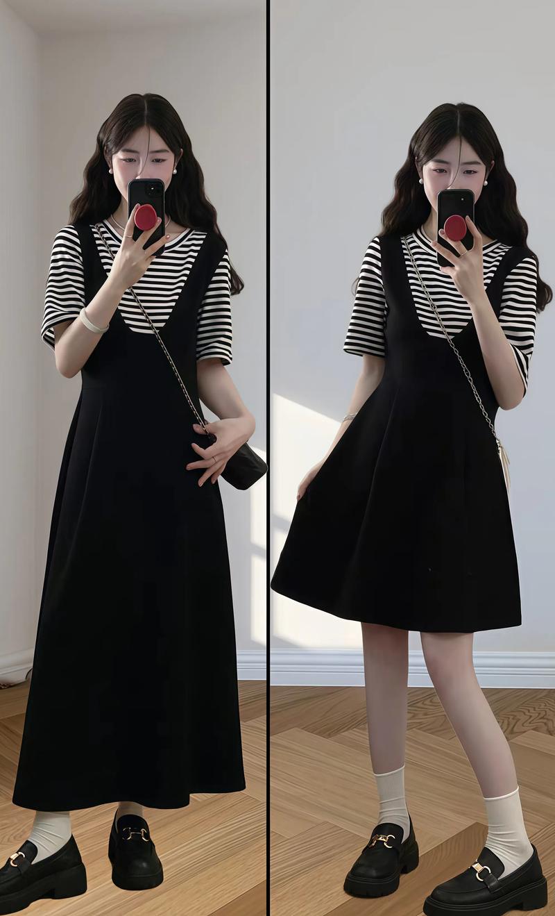黑色条纹裙怎么搭配