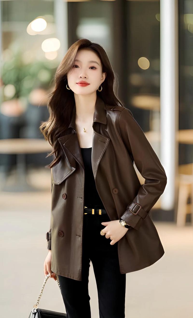 米色中长皮衣怎么搭配图片