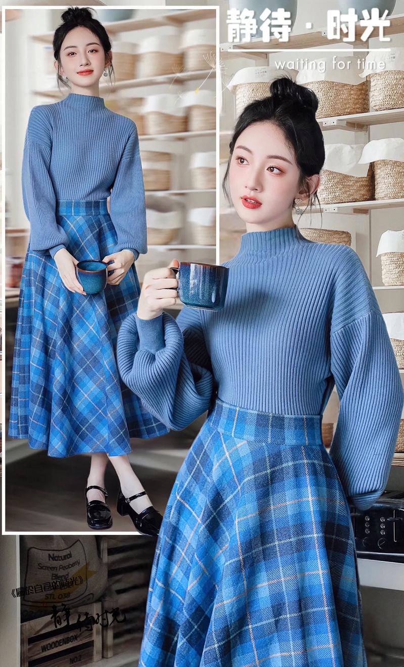 蓝色格子半身裙上衣怎么搭配